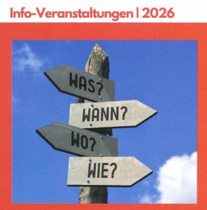 Flyer zeigt Orientierungsschilder mit Fragewörtern