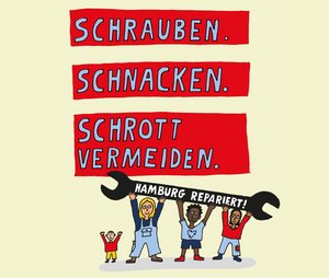 Illustriertes Bild mit der Aufschrift: "Schrauben, Schnacken, Schrott vermeiden"